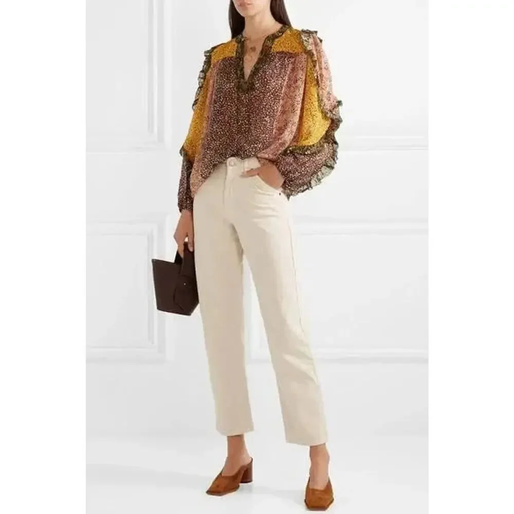 Ulla Johnson Norma Blouse Tropical Silk Blend Top Women Sz 0 Mixed Print Boho
